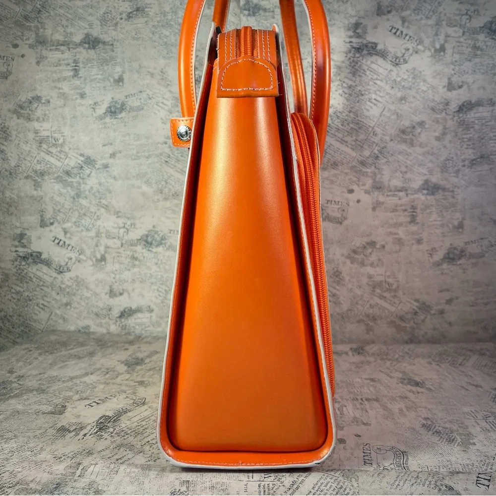 Structured Orange Leather Laptop Tote Bag with Double Handles